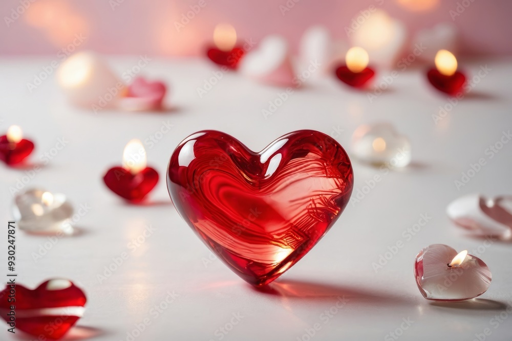Red glass heart surrounded by romantic candles Red glass heart surrounded by romantic candles