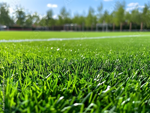 Green synthetic turf field with clear blue sky and trees in the background