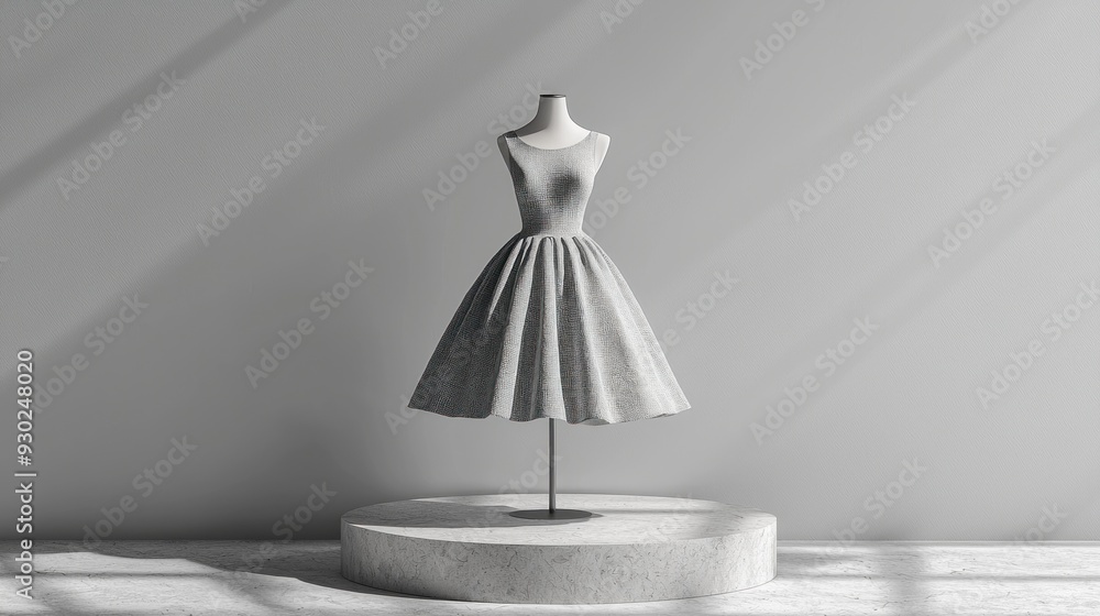 A 3D mockup featuring a stylish dress on a mannequin, positioned on a minimalist podium with a neutral background. The high-quality rendering emphasizes the realistic details of the dress, making it A 3D mockup featuring a stylish dress on a mannequin, positioned on a minimalist podium with a neutral background. The high-quality rendering emphasizes the realistic details of the dress, making it