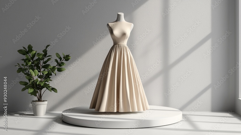 A 3D mockup featuring a stylish dress on a mannequin, positioned on a minimalist podium with a neutral background. The high-quality rendering emphasizes the realistic details of the dress, making it A 3D mockup featuring a stylish dress on a mannequin, positioned on a minimalist podium with a neutral background. The high-quality rendering emphasizes the realistic details of the dress, making it