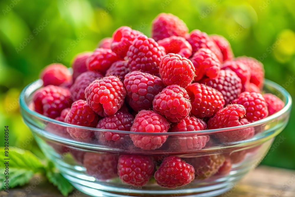 A closeup of a glass bowl filled with big, raw, organic, fresh, and delicious recently harvested rich red raspberries. The bright red raspberry fruit is juicy, ripe and fresh with a sweet fragrance. A closeup of a glass bowl filled with big, raw, organic, fresh, and delicious recently harvested rich red raspberries. The bright red raspberry fruit is juicy, ripe and fresh with a sweet fragrance.