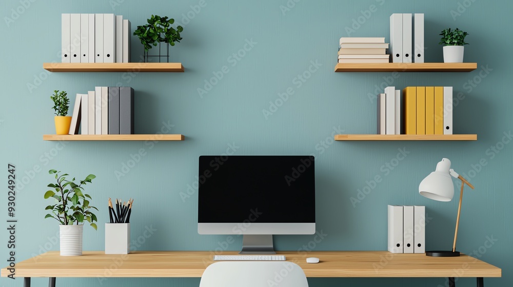 Modern home office setup with a computer, books, and plants on stylish shelves against a serene blue wall. Modern home office setup with a computer, books, and plants on stylish shelves against a serene blue wall.