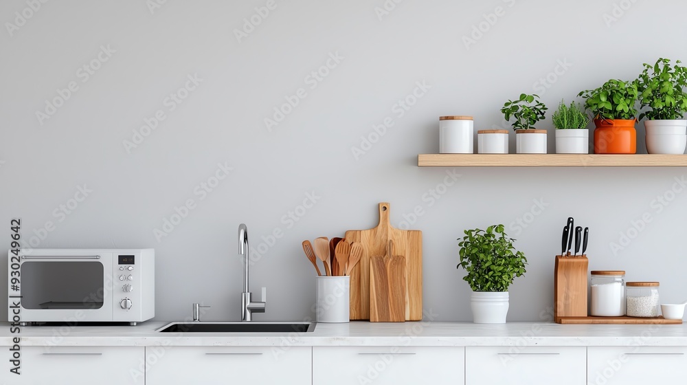Modern kitchen interior featuring a sink, microwave, and stylish shelves with potted herbs and kitchenware for a fresh look. Modern kitchen interior featuring a sink, microwave, and stylish shelves with potted herbs and kitchenware for a fresh look.