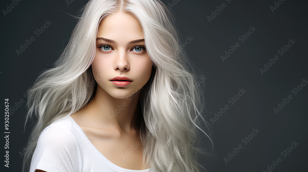Fototapeta premium Portrait of a serious aggressive blonde teenage girl with white long hair with perfect skin, gray background, banner.