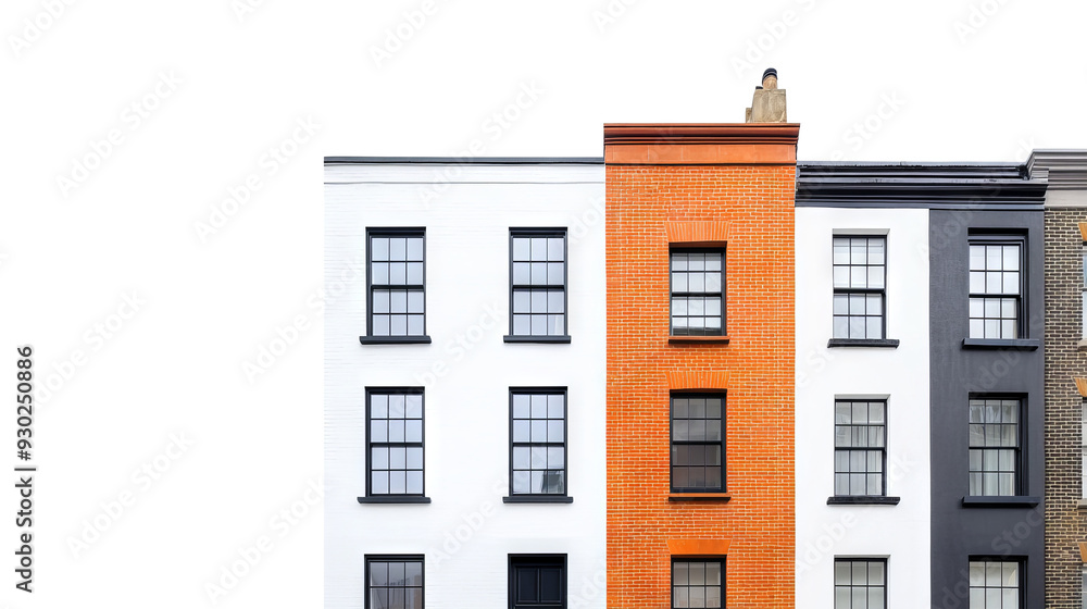 Modern urban building facade showcasing a unique color scheme with an orange feature wall among neutrals. Modern urban building facade showcasing a unique color scheme with an orange feature wall among neutrals.