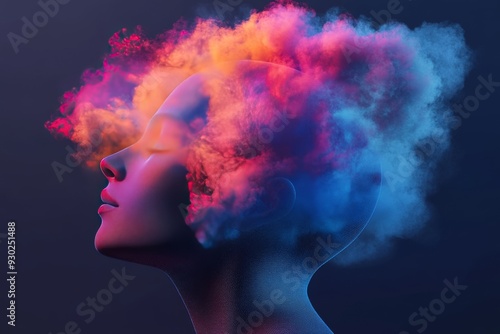 Brainstorming concept with a head emitting colorful digital smoke representing creativity in technology