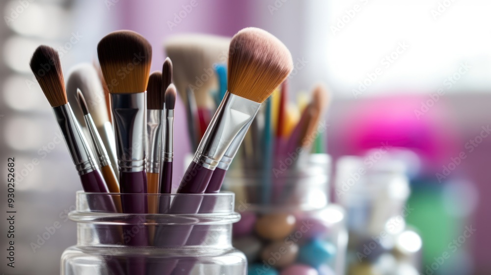 Fototapeta premium Make-up cosmetics brushes on a table. Beauty background.