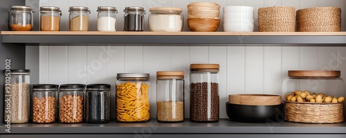 Stylish kitchen shelf with organized jars, baskets, and containers showcasing a modern storage solution and aesthetic. photo