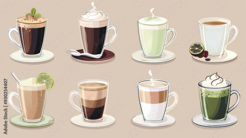 Fototapeta premium Variety of coffee and tea drinks including mocha, green tea, hot chocolate, black coffee, matcha, cappuccino, and flat white, in a stylish set