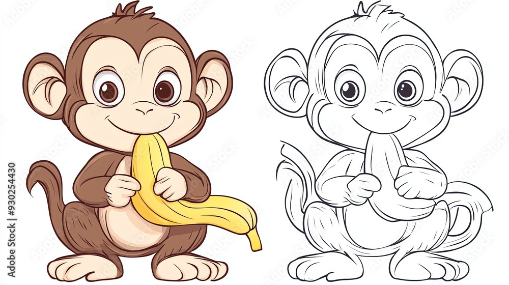 A colored cartoon monkey holding a banana next to a black and white outline of the same monkey, ready for coloring. A colored cartoon monkey holding a banana next to a black and white outline of the same monkey, ready for coloring.