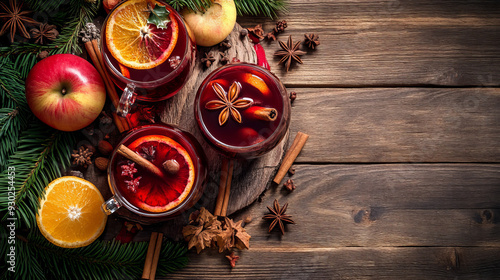 Christmas hot mulled wine with spices, including cinnamon sticks, star anise, orange, nuts, and apples, set against an old wooden background. Copy space included.