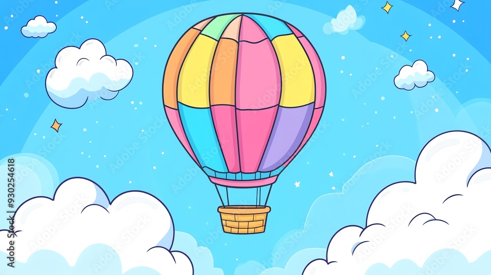 A cartoon hot air balloon floating in a blue sky with clouds. A cartoon hot air balloon floating in a blue sky with clouds.