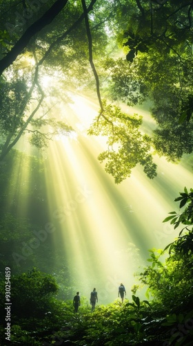 A small group of friends hiking through a dense, tropical jungle, with beams of sunlight breaking through the canopy and illuminating the lush greenery, creating a sense of adventure and discovery