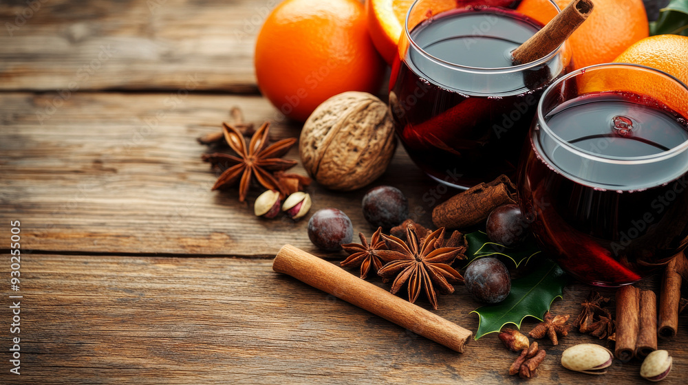 Christmas hot mulled wine with spices, including cinnamon sticks, star anise, orange, nuts, and apples, set against an old wooden background. Copy space included. Christmas hot mulled wine with spices, including cinnamon sticks, star anise, orange, nuts, and apples, set against an old wooden background. Copy space included.
