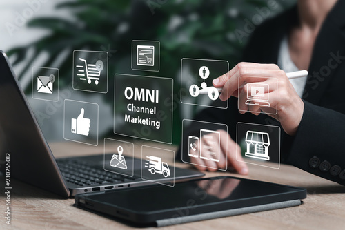 Omni Channel marketing concept, Businesswomen use laptops and tablets to manage data in one place to increase business opportunities, Social media marketing, CRM tools, Chat, Global  customer service