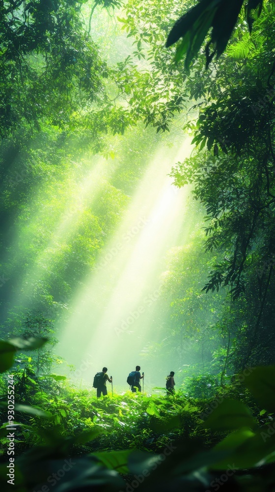 A small group of friends hiking through a dense, tropical jungle, with beams of sunlight breaking through the canopy and illuminating the lush greenery, creating a sense of adventure and discovery A small group of friends hiking through a dense, tropical jungle, with beams of sunlight breaking through the canopy and illuminating the lush greenery, creating a sense of adventure and discovery