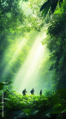 A small group of friends hiking through a dense, tropical jungle, with beams of sunlight breaking through the canopy and illuminating the lush greenery, creating a sense of adventure and discovery