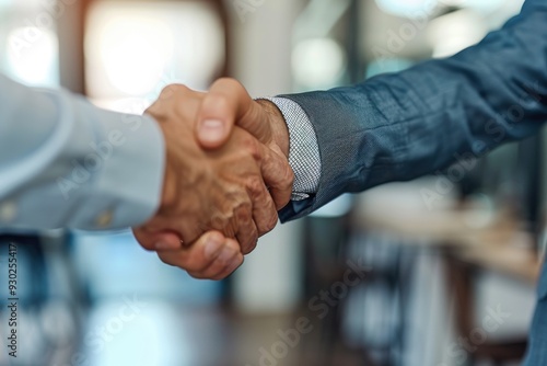 Two business people are shaking hands in an office.