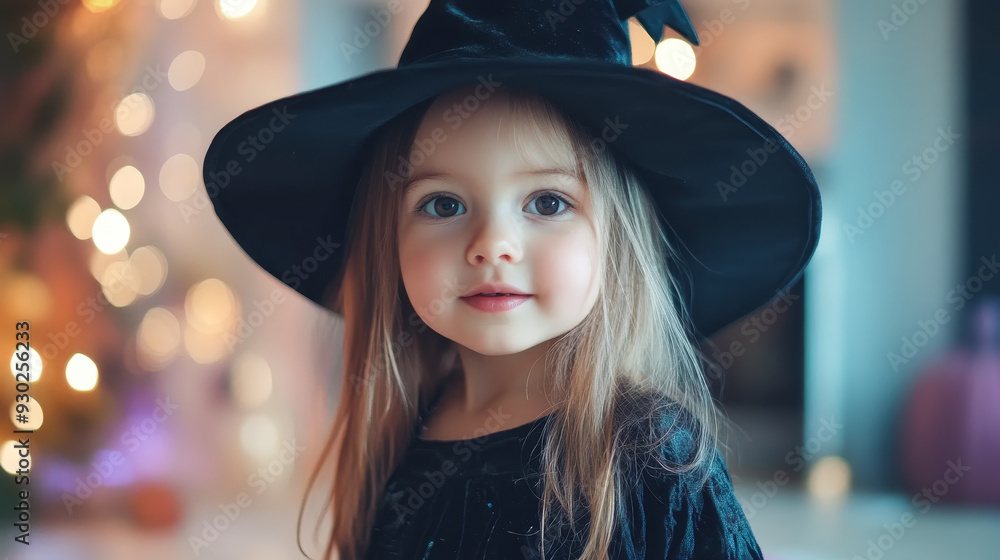 A young girl wearing black witch hat and dress, smiling with joyful expression. background features soft bokeh lights, creating magical atmosphere. A young girl wearing black witch hat and dress, smiling with joyful expression. background features soft bokeh lights, creating magical atmosphere.