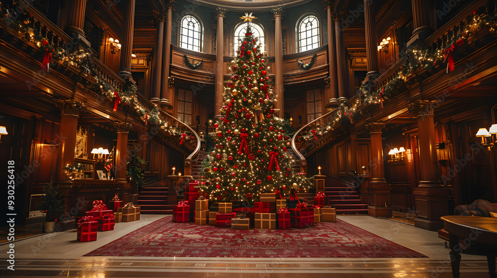 A beautifully decorated Christmas tree in the center of a grand hall, surrounded by wrapped presents and festive decorations. The room is filled with the sound of carolers singing and the smell of pin A beautifully decorated Christmas tree in the center of a grand hall, surrounded by wrapped presents and festive decorations. The room is filled with the sound of carolers singing and the smell of pin