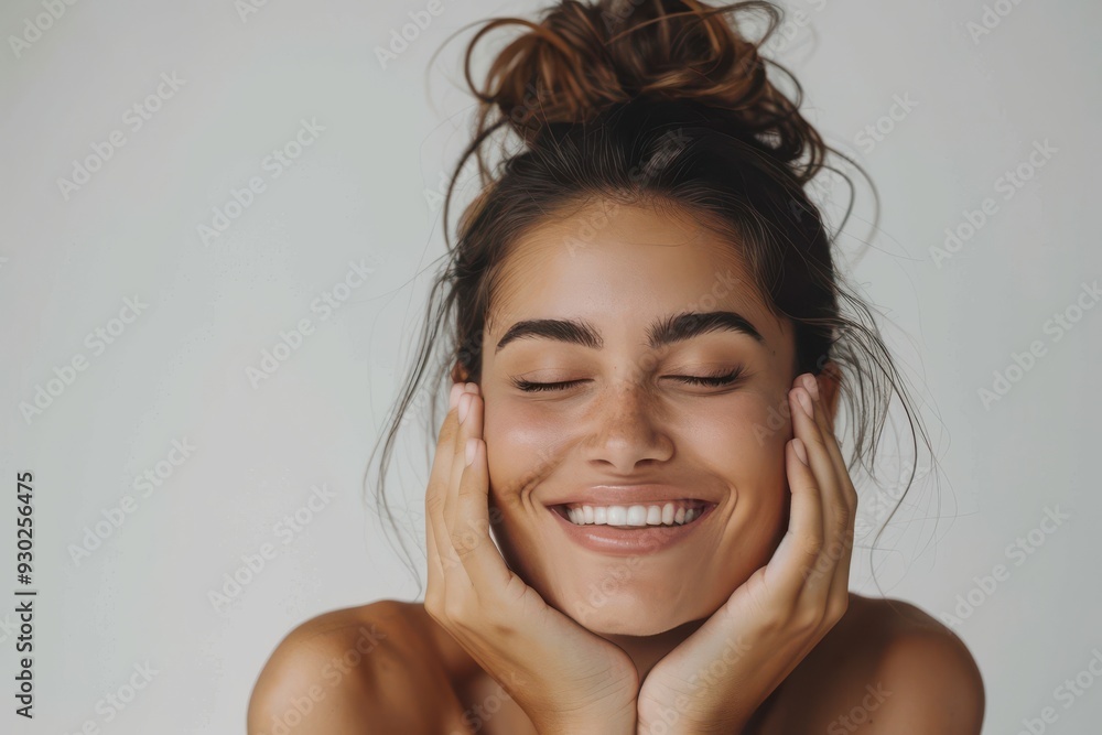 Young woman with perfect skin, smiling and touching her face, beauty and spa concept, grey background. Young woman with perfect skin, smiling and touching her face, beauty and spa concept, grey background.