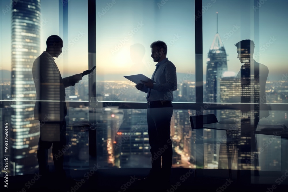 Fototapeta premium Three man discuss about the contract document seems serious in front of the big mirror with the city view architecture cityscape building.