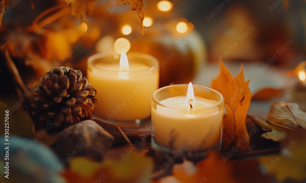 Cozy Autumn Setting: Glowing Candles and Rustic Warmth Cozy Autumn Setting: Glowing Candles and Rustic Warmth
