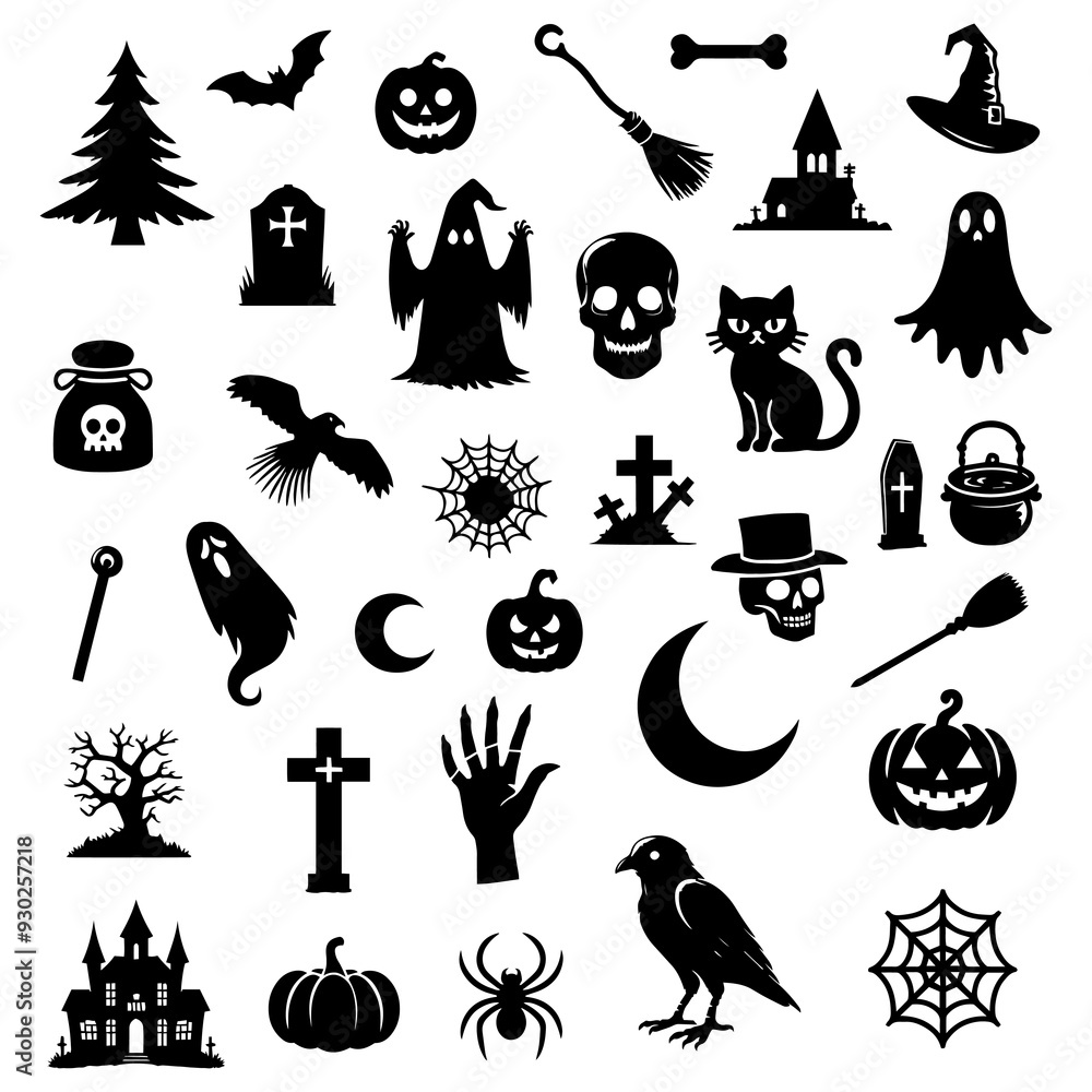 Vector illustration. Giant set of black silhouettes for Halloween. Vector illustration. Giant set of black silhouettes for Halloween.