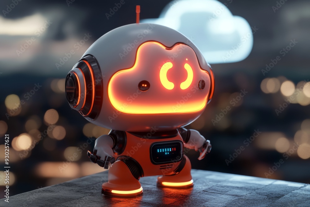 Cheerful robot with a glowing brain embodying the fusion of happiness and advanced cognitive functions Cheerful robot with a glowing brain embodying the fusion of happiness and advanced cognitive functions