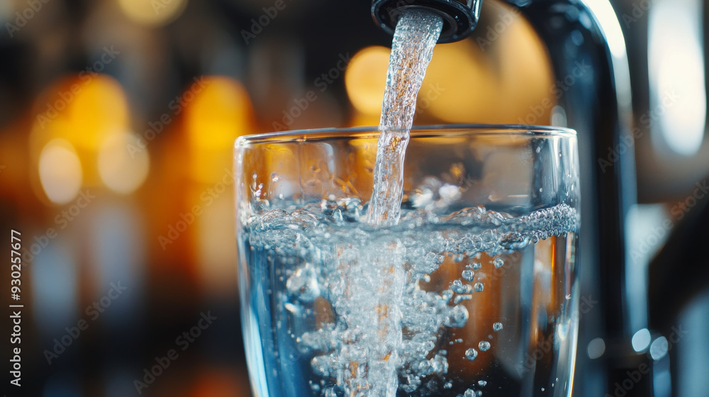 Close-up of water being poured from a tap into a glass. Represents drinking water. Close-up of water being poured from a tap into a glass. Represents drinking water.