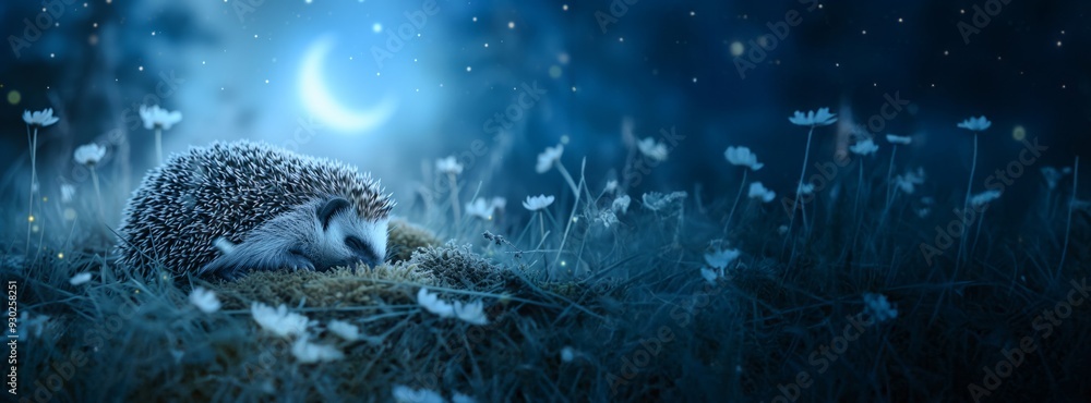 Hedgehog Sleeping Under Night Sky in Flower Meadow with Crescent Moon Hedgehog Sleeping Under Night Sky in Flower Meadow with Crescent Moon