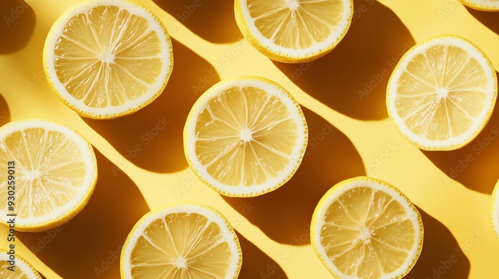Fototapeta premium A pattern of lemon slices on a yellow background.