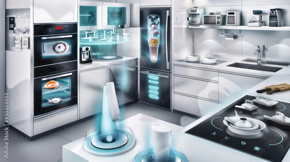 Tech-savvy kitchen with smart appliances, touch-screen refrigerator, and automated cooking devices, representing modern living Tech-savvy kitchen with smart appliances, touch-screen refrigerator, and automated cooking devices, representing modern living