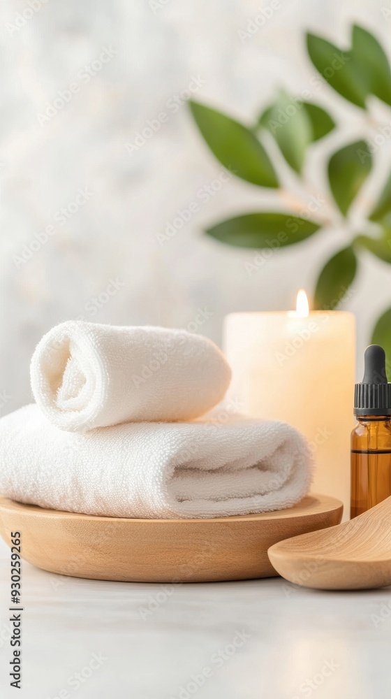 A relaxing spa setting with candles and essential oils, evoking a sense of relaxation and self-care A relaxing spa setting with candles and essential oils, evoking a sense of relaxation and self-care