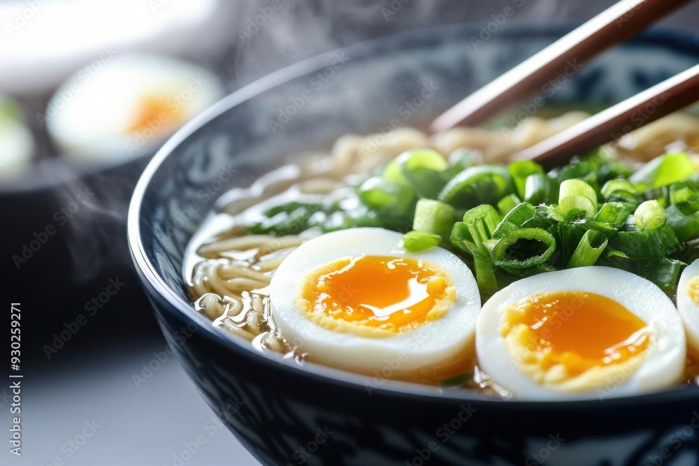 Delicious bowl of ramen with soft-boiled eggs, green onions, and steam rising for a warm, comforting meal. Delicious bowl of ramen with soft-boiled eggs, green onions, and steam rising for a warm, comforting meal.
