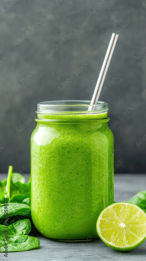 A refreshing green smoothie in a mason jar with a metal straw, surrounded by fresh spinach, kale, and a slice of lime, embodying health and vitality A refreshing green smoothie in a mason jar with a metal straw, surrounded by fresh spinach, kale, and a slice of lime, embodying health and vitality