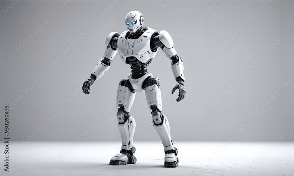A white robot with striking blue eyes is currently standing on a white surface A white robot with striking blue eyes is currently standing on a white surface