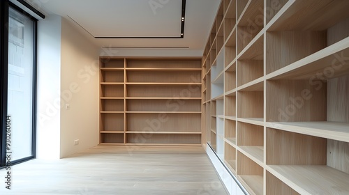 Minimalist Blank Bookshelf Wall with Hidden Compartments for Smart,Sleek Interior Design