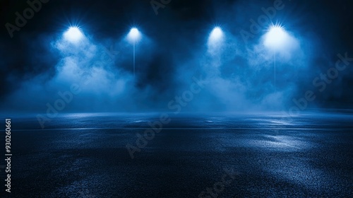 A dark empty street, dark blue background, an empty dark scene, neon light, spotlights The asphalt floor and studio room with smoke float up the interior texture. night view , ai