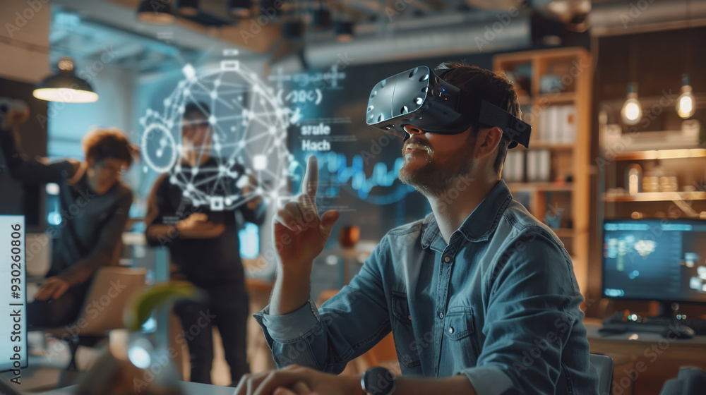 Startup team working in a co-working space with advanced tech gadgets, digital whiteboards, and VR headsets, highlighting innovation
