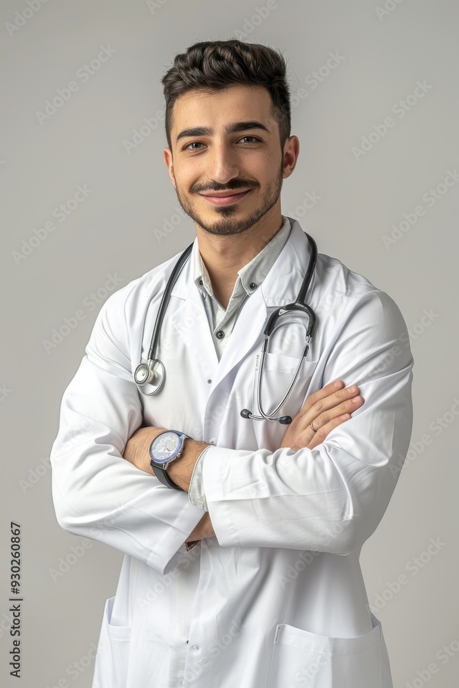 Handsome male doctor with stethoscope, arms crossed on white background. Handsome male doctor with stethoscope, arms crossed on white background.