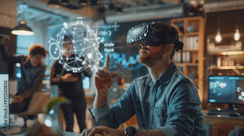 Obraz na płótnie Startup team working in a co-working space with advanced tech gadgets, digital whiteboards, and VR headsets, highlighting innovation w salonie