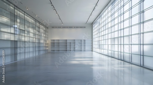 Transparent and Minimal Glass Bookshelf Wall in Modern Art Gallery Interior