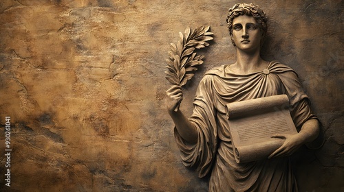 A detailed democracy icon with a figure wearing a laurel wreath and holding a scroll, set against an ancient, stone-textured background with warm, ambient lighting, conveying the historical roots of