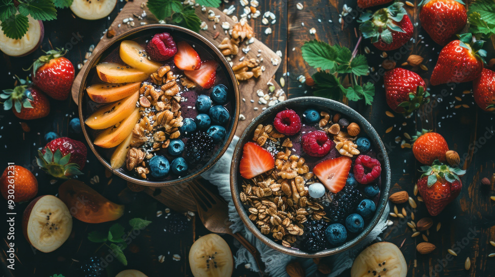 Fototapeta premium Smoothie bowls topped with fresh fruits, nuts, and seeds, emphasizing healthy and delicious breakfast options