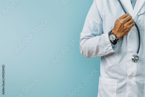 Male doctor holding stethoscope, wearing white coat and watch, light blue background.