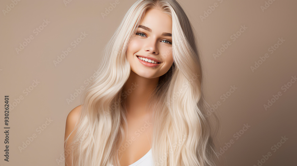 Portrait of a smiling cheerful blond teenage girl with long white hair and perfect skin, creamy beige background, banner. Portrait of a smiling cheerful blond teenage girl with long white hair and perfect skin, creamy beige background, banner.