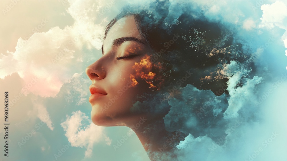 Dreamy Portrait of a Woman with Sky and Clouds Dreamy Portrait of a Woman with Sky and Clouds