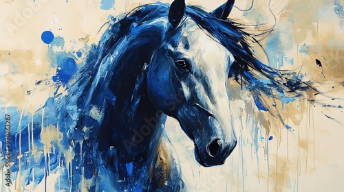 Blue Horse Portrait - Abstract Oil Painting. photo