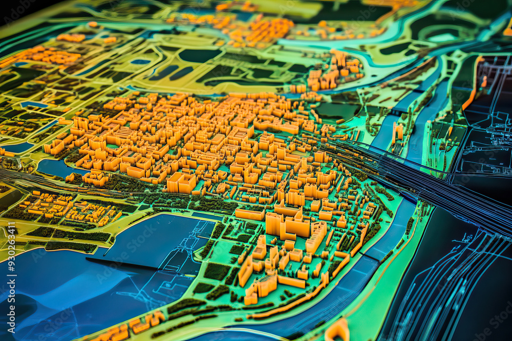 Obraz premium Technical aerial visual, 3D LiDAR GIS aerial map satellite scan model isolated, showing Woodbridge, New Jersey. Elevation, topography, render